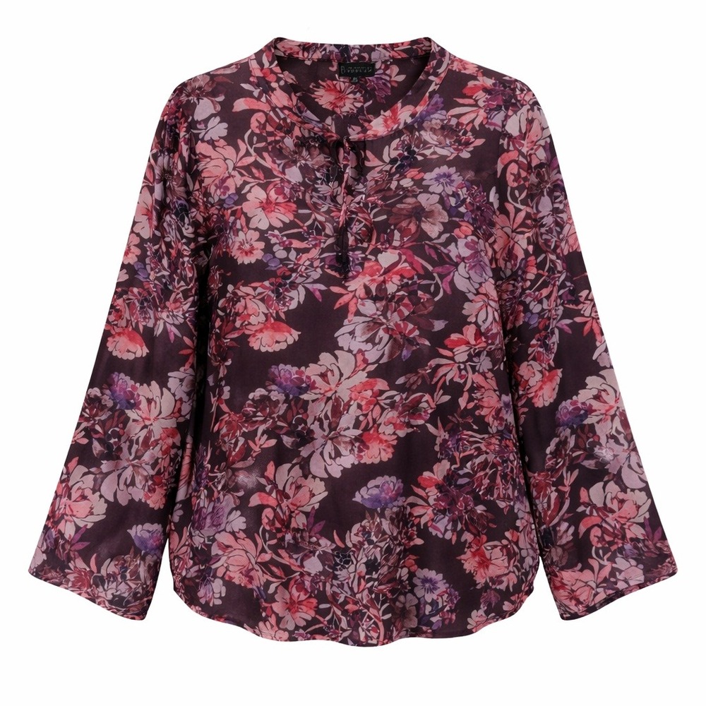 Bobeau Women's 3X Floral Print Tie‎ Neck Long Sleeve Blouse Burgundy Lightweight